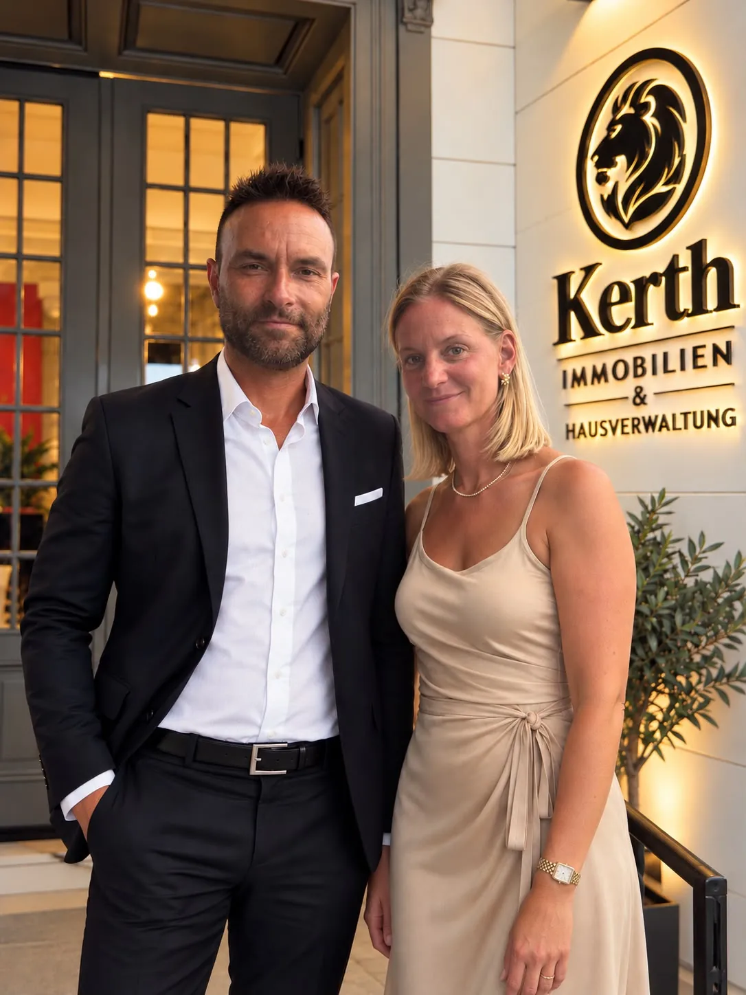 Mit KI bearbeitetes Foto: Mathias und Jeanette Kerth vor einem Firmenschild von Kerth Immobilien & Hausverwaltung